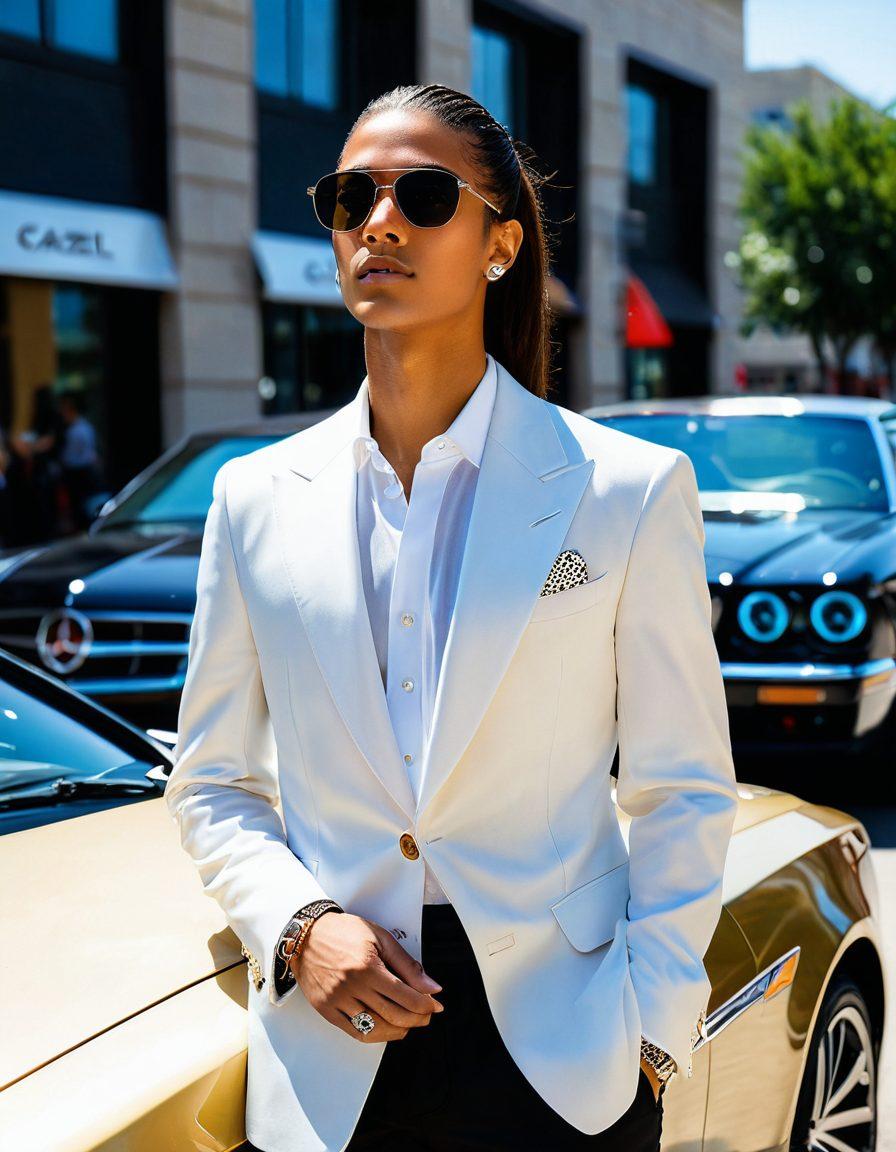 A stylish individual wearing a sleek pair of Cazal sunglasses under the bright sun, surrounded by luxury cars and a modern urban backdrop. The individual should exude confidence and elegance, with the sunglasses prominently highlighting their facial features. The background should have a touch of high-end fashion with designer boutiques visible. super-realistic. vibrant colors.