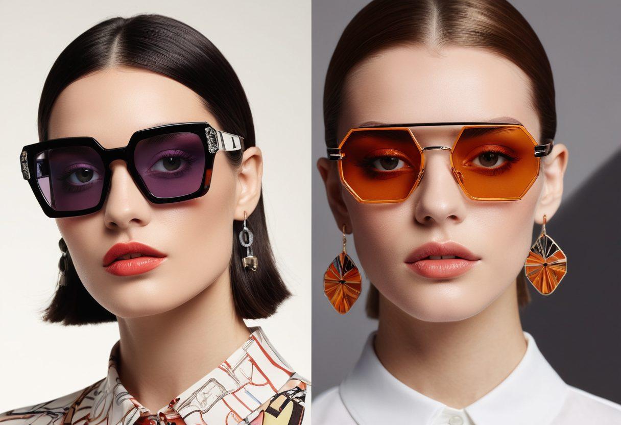 A split-screen image showing a timeline of Cazal frames, starting with retro designs featuring oversized lenses and bold geometric patterns on one side, and sleek, modern designs with minimalist frames and sophisticated detailing on the other. Highlight the evolution with a progression of styles in between. vintage tones merging into contemporary hues. vibrant colors. super-realistic.