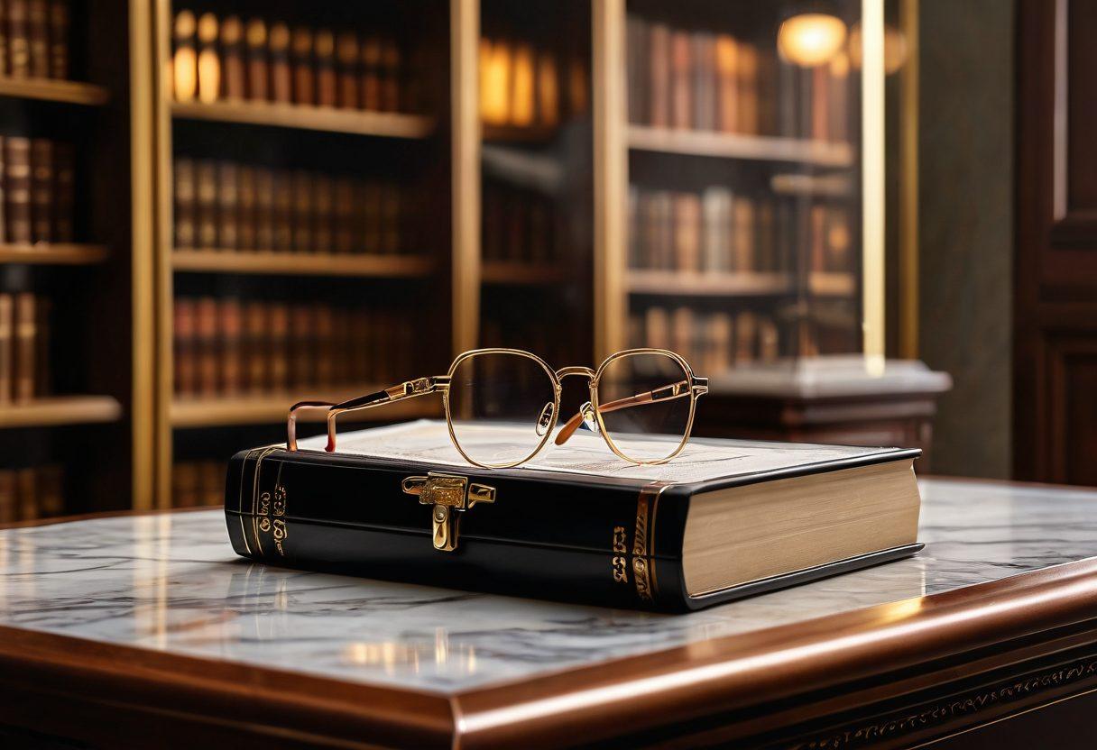 An elegant display of vintage and modern Cazal eyewear arranged artistically on a marble table, with a soft golden light casting shadows, highlighting their intricate designs and luxurious details; in the background, an old-world library with wooden shelves filled with classic books. super-realistic. vibrant colors. warm tones.